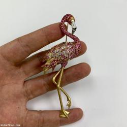 18 Karat Yellow Gold Pink Sapphire Diamond Flamingo Brooch Brs 0170-1/3