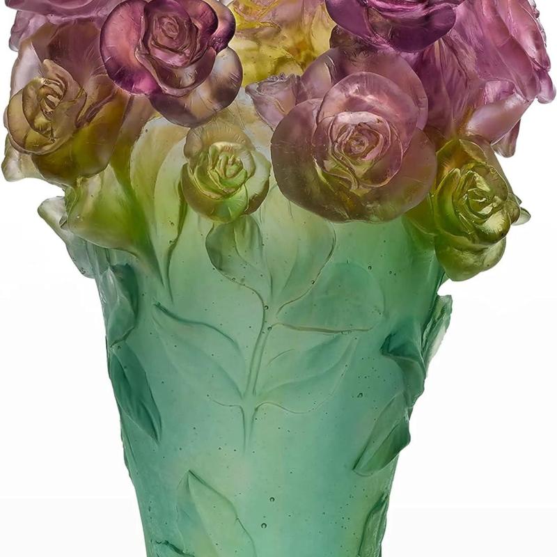 Daum Numbered Ed. Crystal Rose Passion Vase Green & Pink Large #05282