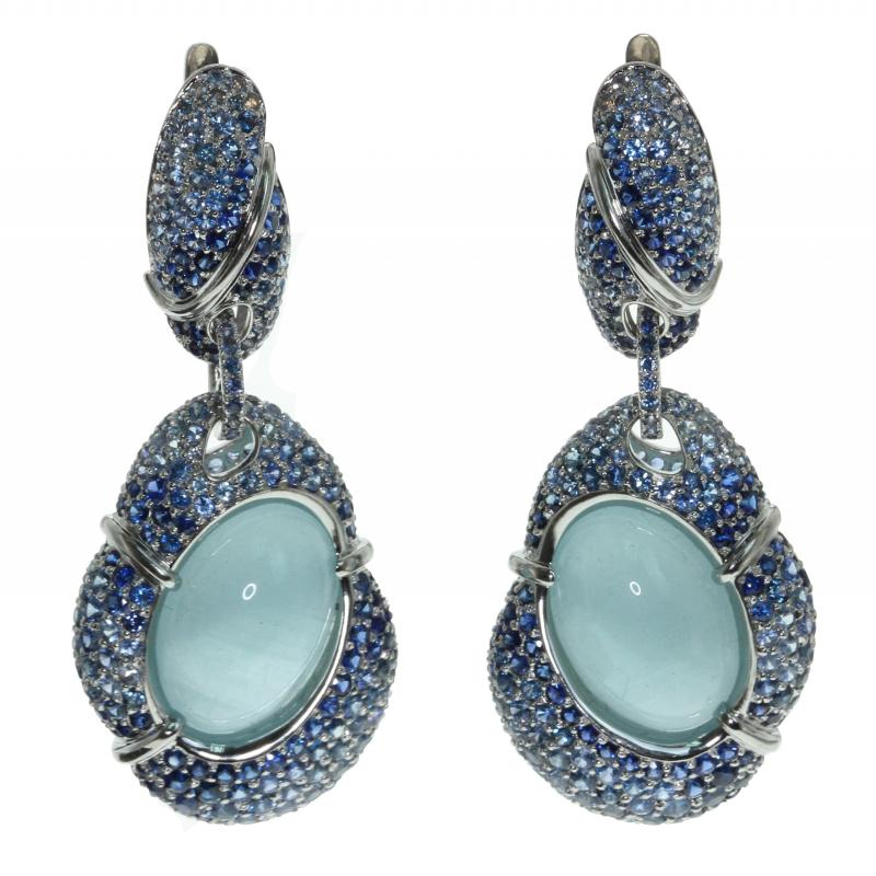 Milky Aquamarine Oval Cabochon 18.84 Carat Graduated Sapphire 18 Karat White Gold  Earrings. E0057-0/4