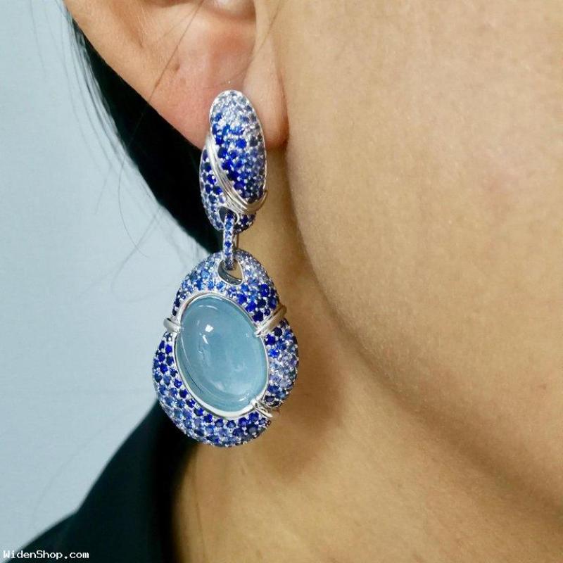 Milky Aquamarine Oval Cabochon 18.84 Carat Graduated Sapphire 18 Karat White Gold  Earrings. E0057-0/4