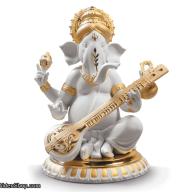 Lladro Veena Ganesha Figurine. Golden Lustre 01009276