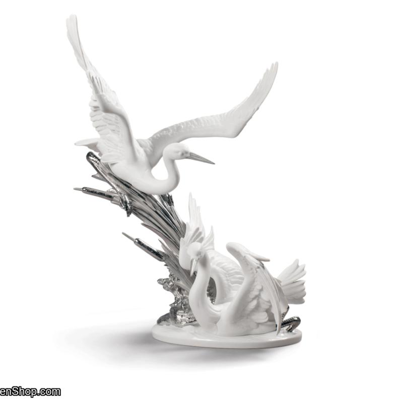 Lladro Cranes Sculpture. Silver Lustre 01009090