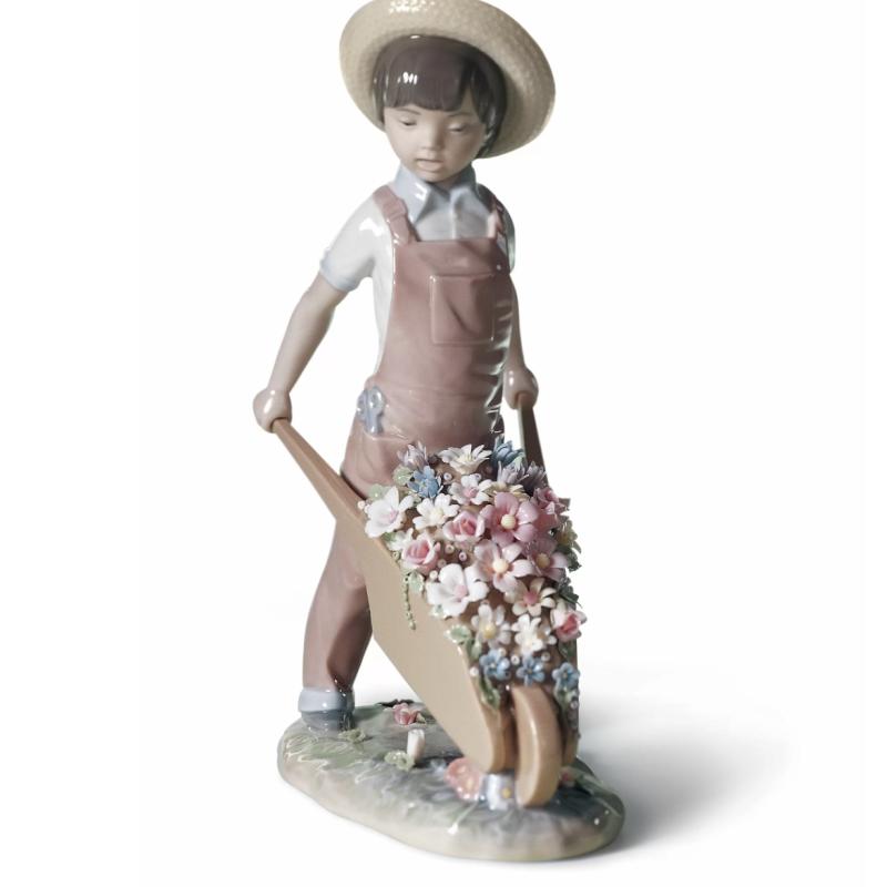 Lladro Wheelbarrow with Flowers Boy Figurine 01001283
