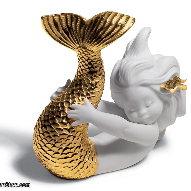 Lladro Playing at Sea Mermaid Figurine. Golden Lustre 01008559