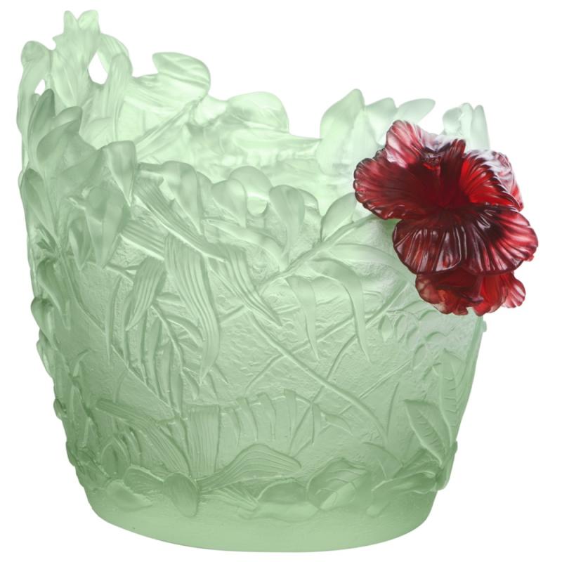 Daum Medium light green & red Hibiscus vase 05494