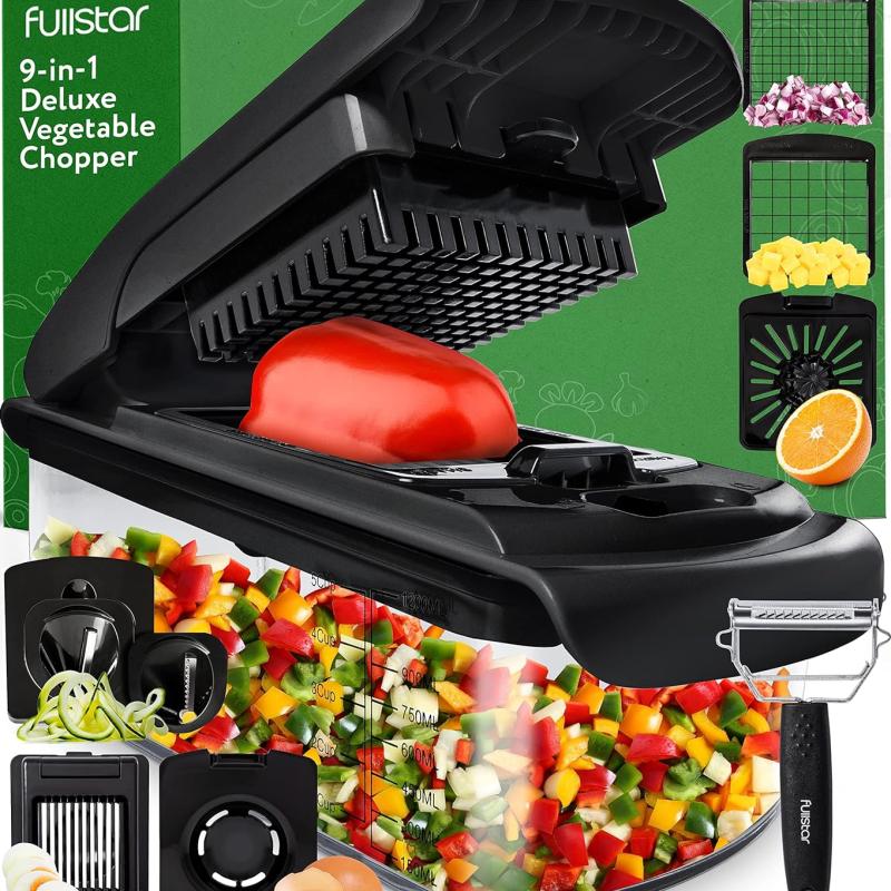 Fullstar Vegetable Chopper - Spiralizer Vegetable Slicer - Onion Chopper with Container - Pro Food Chopper - Slicer Dicer Cutter - (9 in 1, Black)