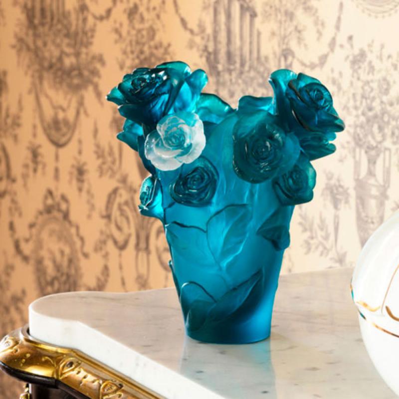 Daum Rose Passion Blue Vase White Flower 05287-7