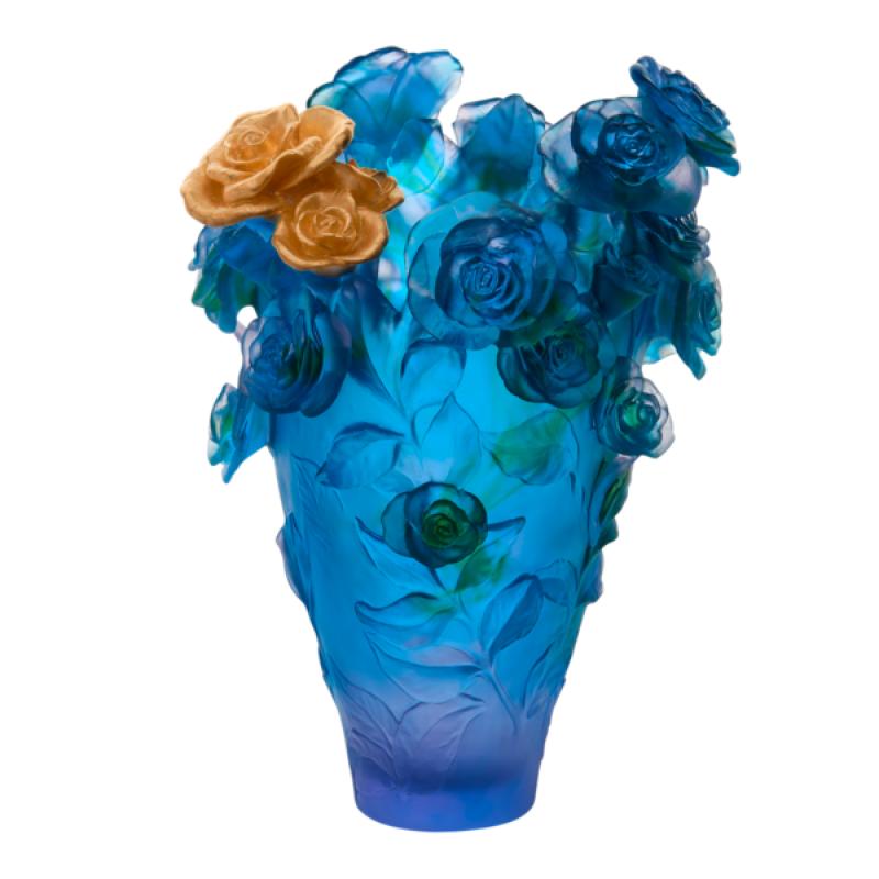 Daum Rose Passion Blue Purple Magnum Vase with Gilded Bouquet SKU: 05376-6