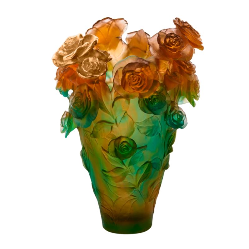 Daum Rose Passion Green and Orange Magnum Vase with Gilded Bouquet SKU: 05376-3